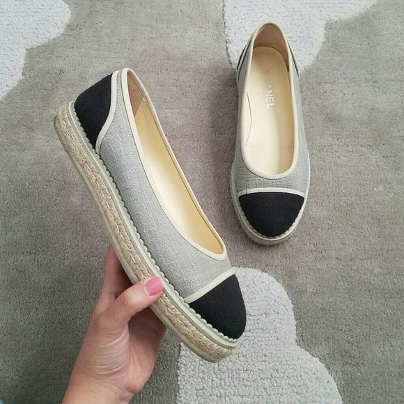 CHANEL Shoes - Chanel Espadrille grey black cotton cap toe flats